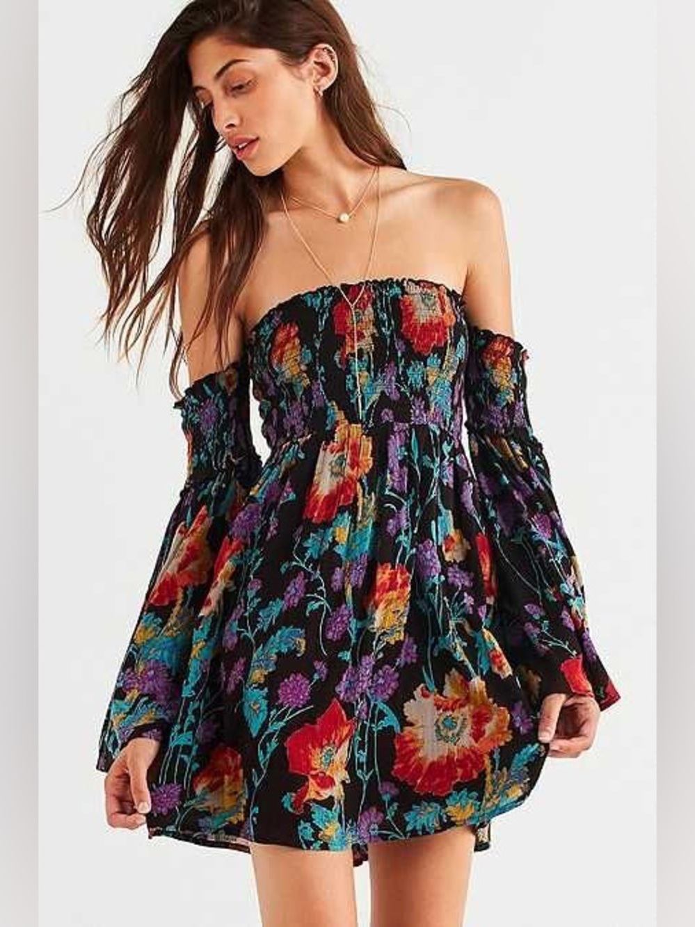 Ecote Jewel Tone Floral Off the Should Bell Sleeve Mini Flowy Boho Dress Medium